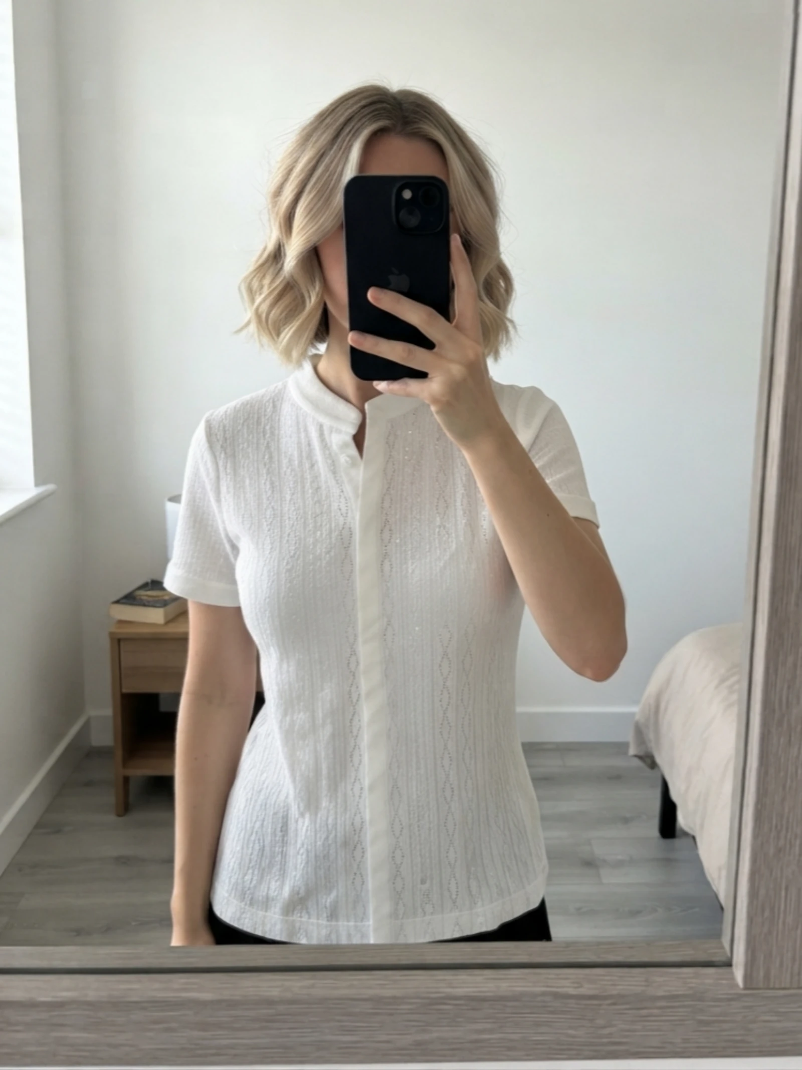 Blusa punto ochos calados cuello mao White Pointelle Knit Short Sleeve Cardigan Top M